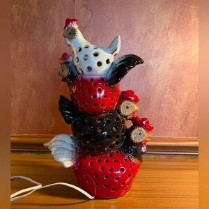 Ceramic Stacked Rooster Night Light Lamp 14.5” Pierced Farmhouse Kitchen Decor